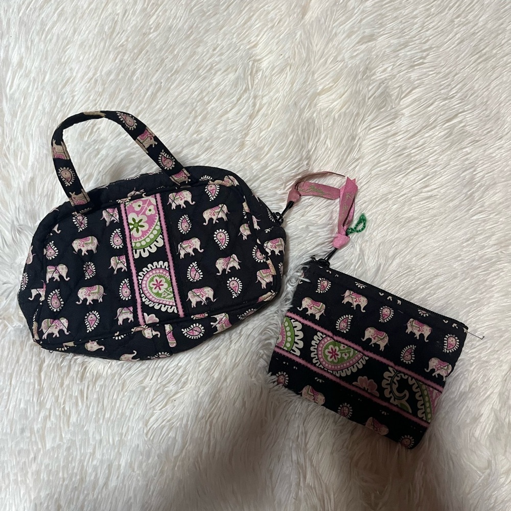 Vera Bradley Black Pink Green Paisley Elephant Cosmetic Bag Set